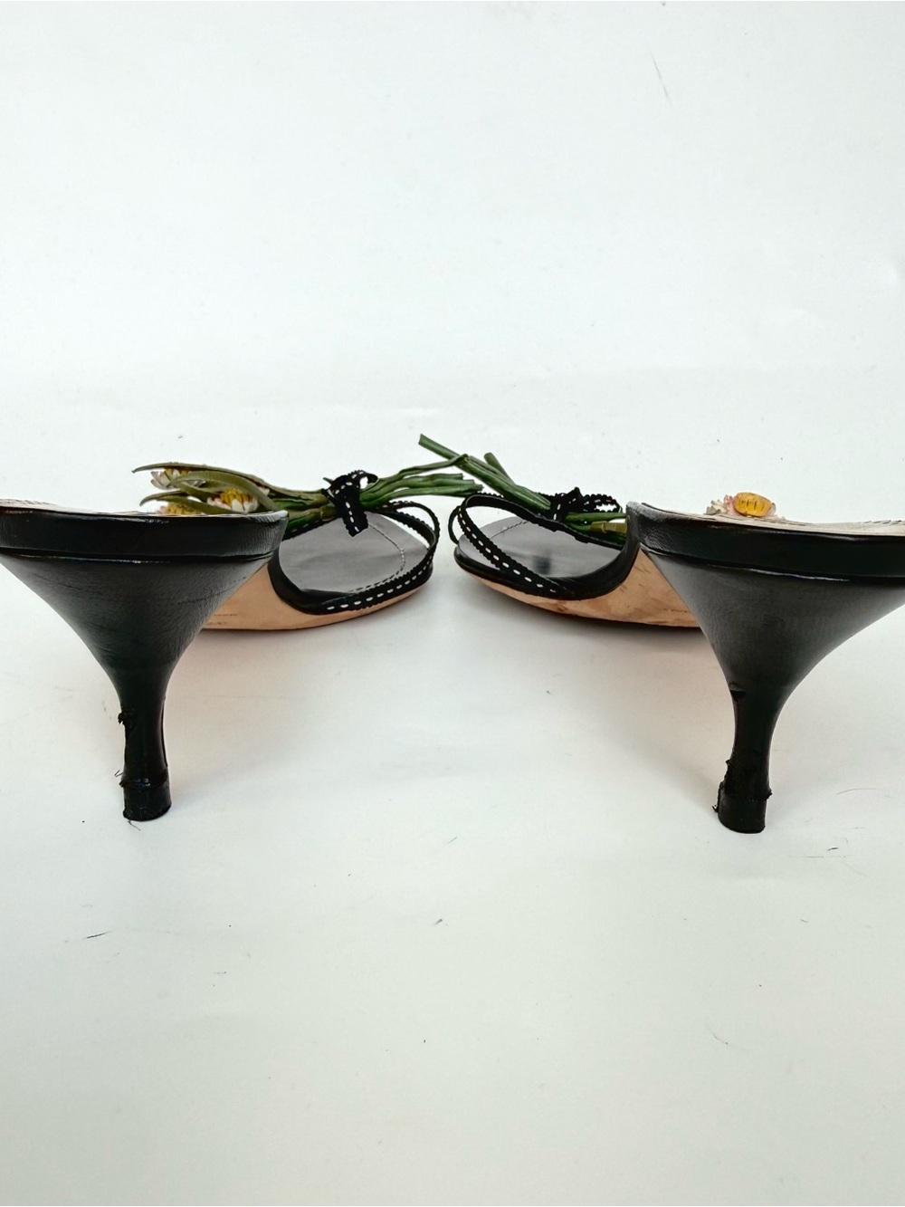 Vintage Prada Black kitten heel sandals with leather Flowers size 37.5 - Picture 5 of 6